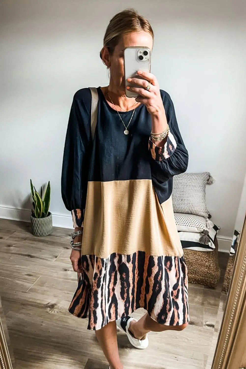 Khaki Printed Tiger Stripe Colorblock Bishop Sleeve Mini Dress - Love Salve